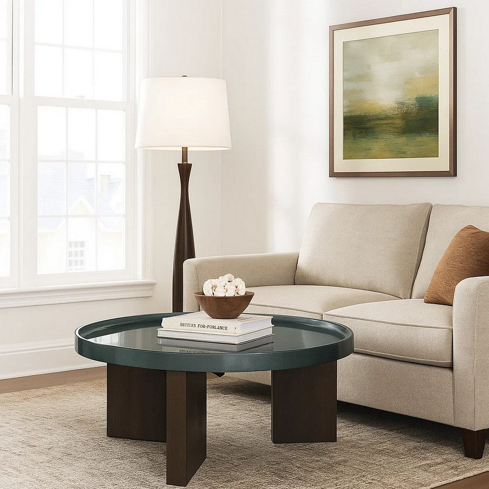 Benjara Lexy Coffee Table, 35 Inch Round Top, Low Profile High Gloss Blackish Green