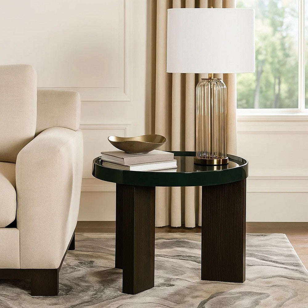 Benjara Lexy Side End Table, 24 Inch Round Top, High Gloss Blackish Green