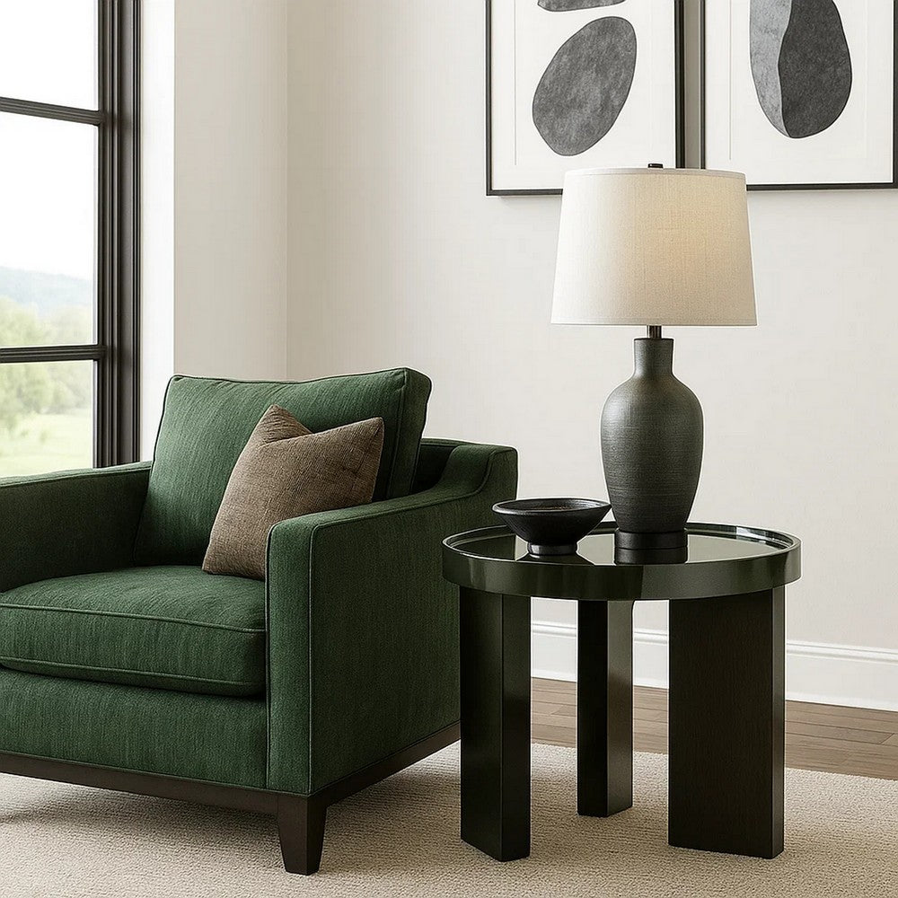 Benjara Lexy Side End Table, 24 Inch Round Top, High Gloss Blackish Green