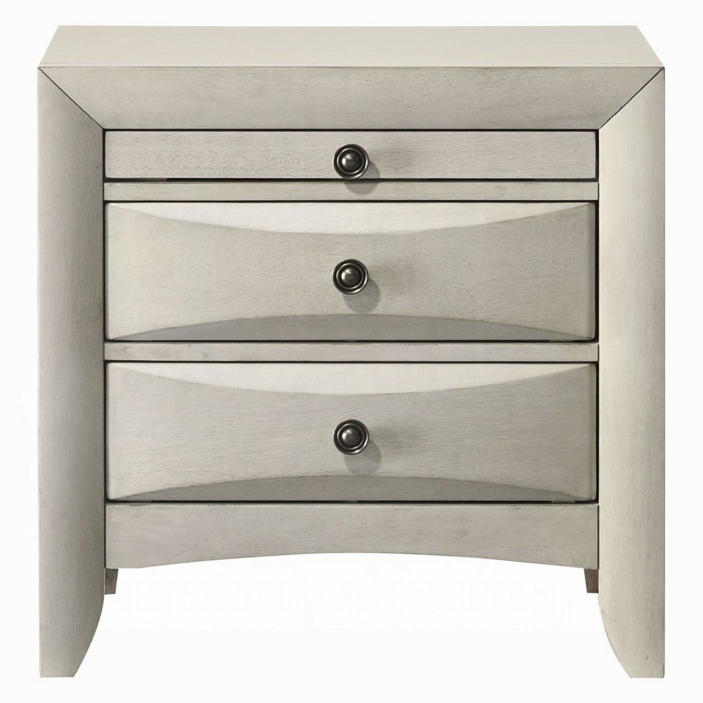 Benjara Remy Nightstand, 3 Contemporary Faceted Drawers, Antique White Finish