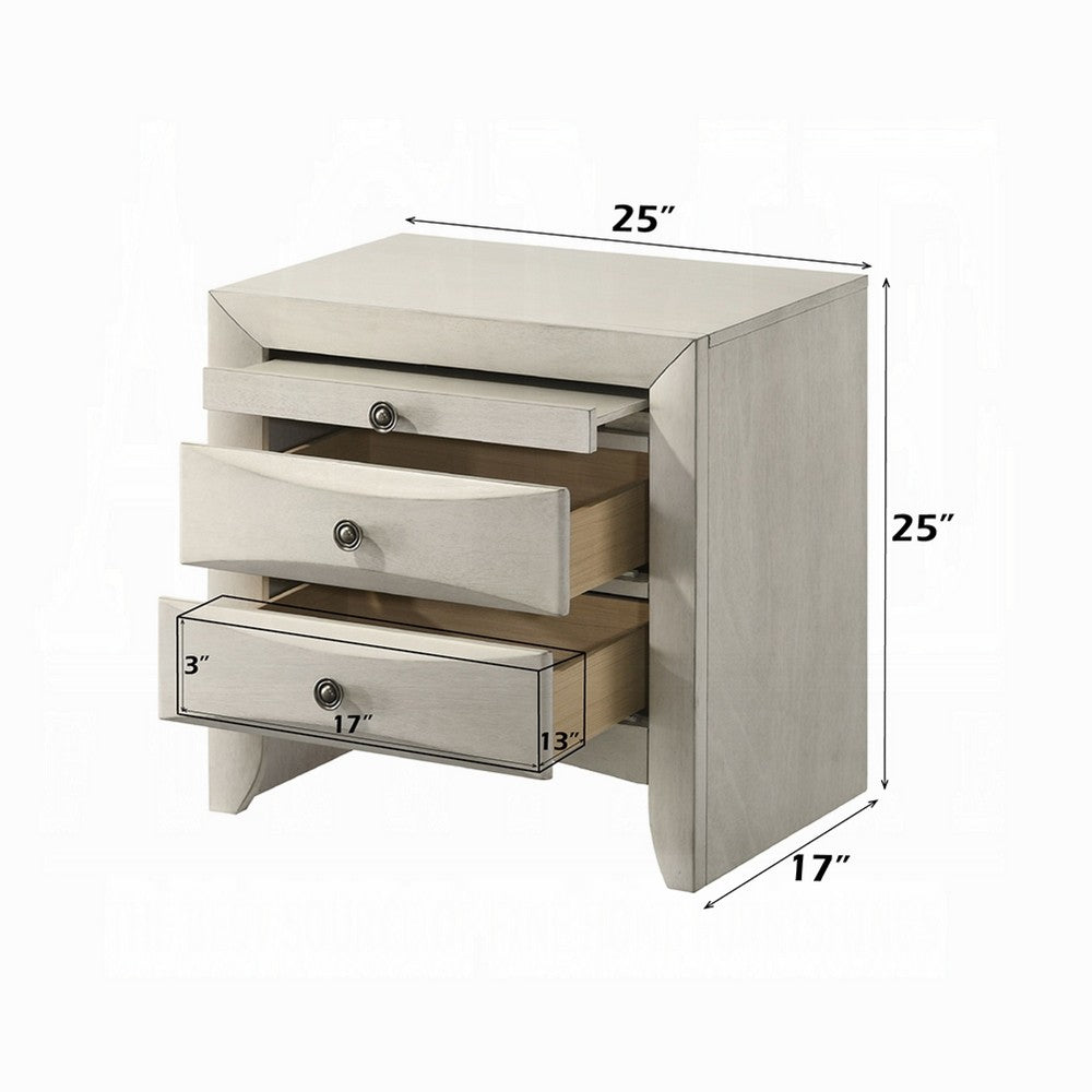 Benjara Remy Nightstand, 3 Contemporary Faceted Drawers, Antique White Finish
