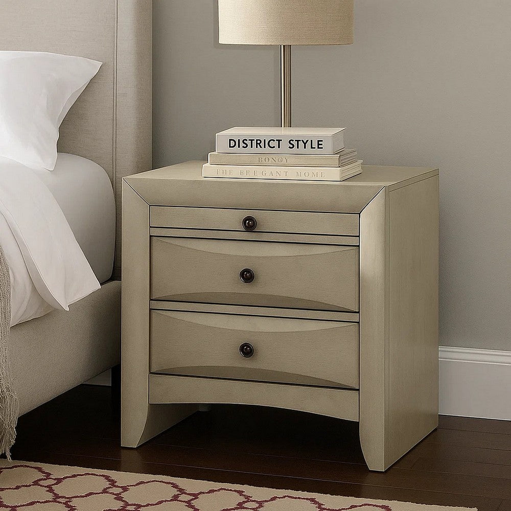 Benjara Remy Nightstand, 3 Contemporary Faceted Drawers, Antique White Finish