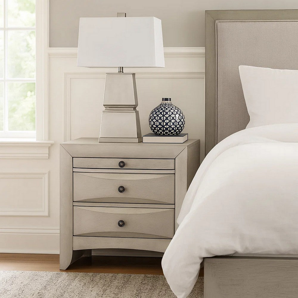 Benjara Remy Nightstand, 3 Contemporary Faceted Drawers, Antique White Finish