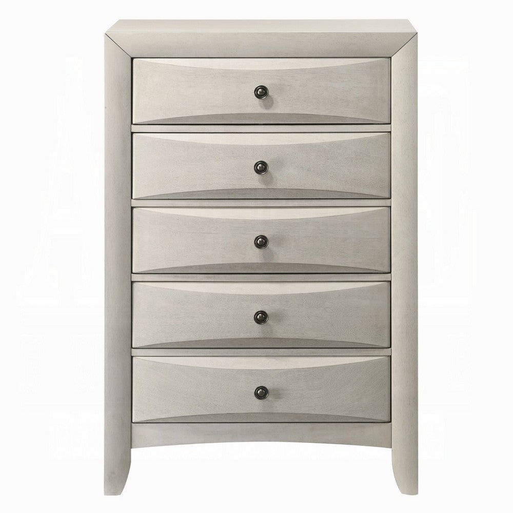 Benjara Remy Tall Dresser Chest, 5 Contemporary Faceted Drawers, Antique White