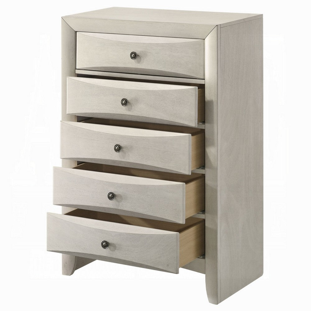 Benjara Remy Tall Dresser Chest, 5 Contemporary Faceted Drawers, Antique White