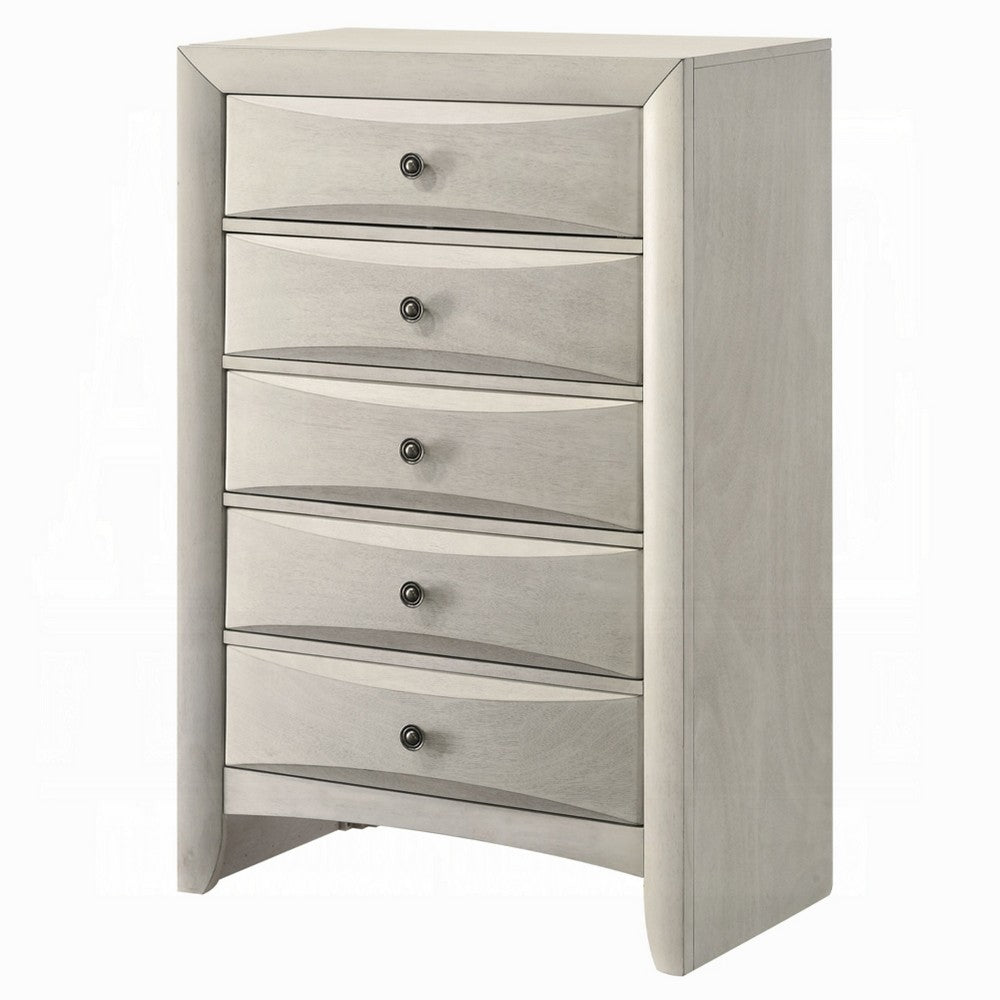 Benjara Remy Tall Dresser Chest, 5 Contemporary Faceted Drawers, Antique White