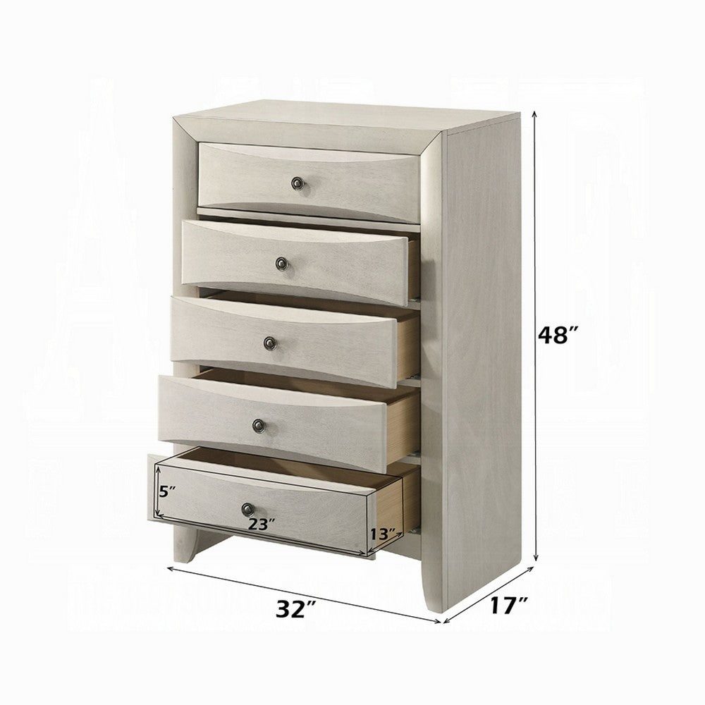Benjara Remy Tall Dresser Chest, 5 Contemporary Faceted Drawers, Antique White
