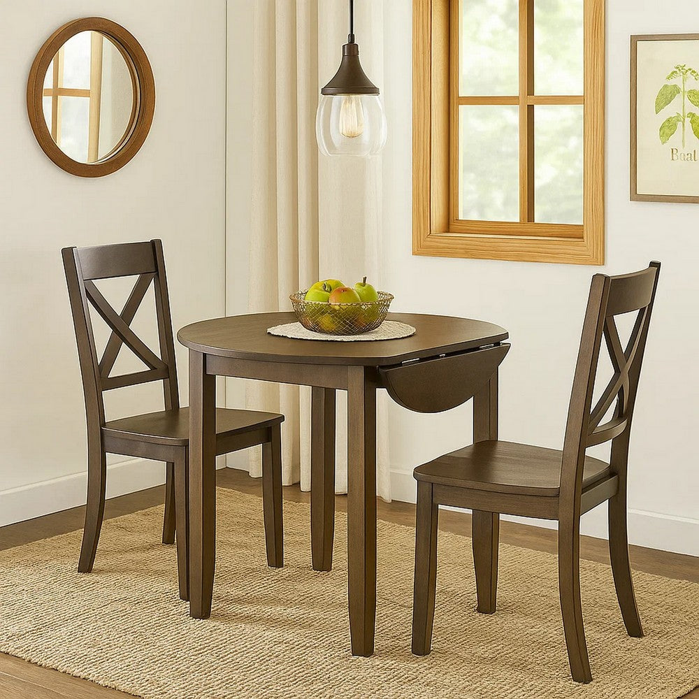 Benjara Dexy Dining Table, 35 Inch Round Top, Farmhouse Walnut Brown Wood