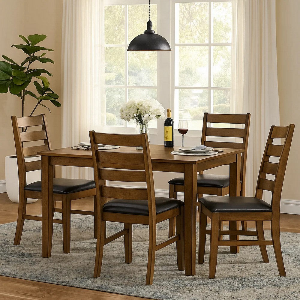 Benjara Dexy Dining Side Chair Set of 2, Ladderback, Walnut Brown Faux Leather