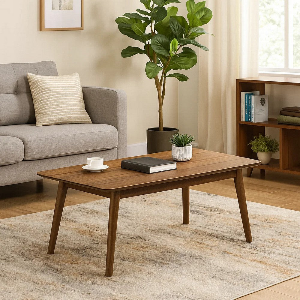 Benjara Fexy Coffee Table, 47 Inch Rectangular Top with Angled Legs, Walnut Brown