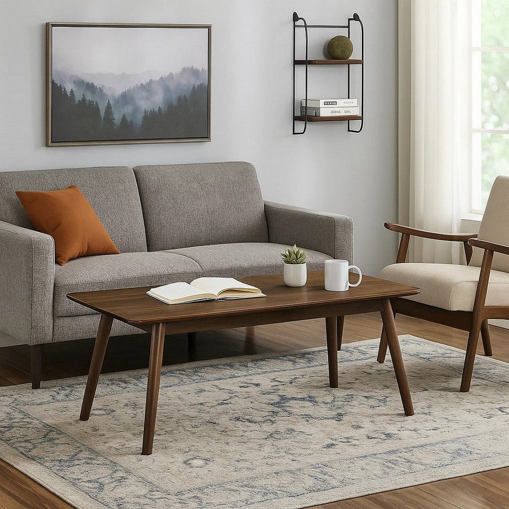 Benjara Fexy Coffee Table, 47 Inch Rectangular Top with Angled Legs, Walnut Brown