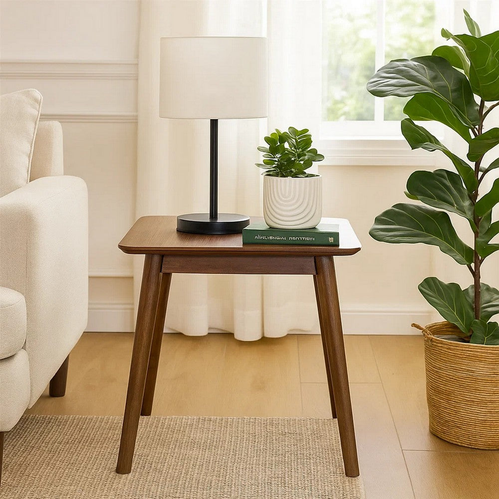 Benjara Fexy Side End Table, 24 Inch Square Top with Angled Legs, Walnut Brown