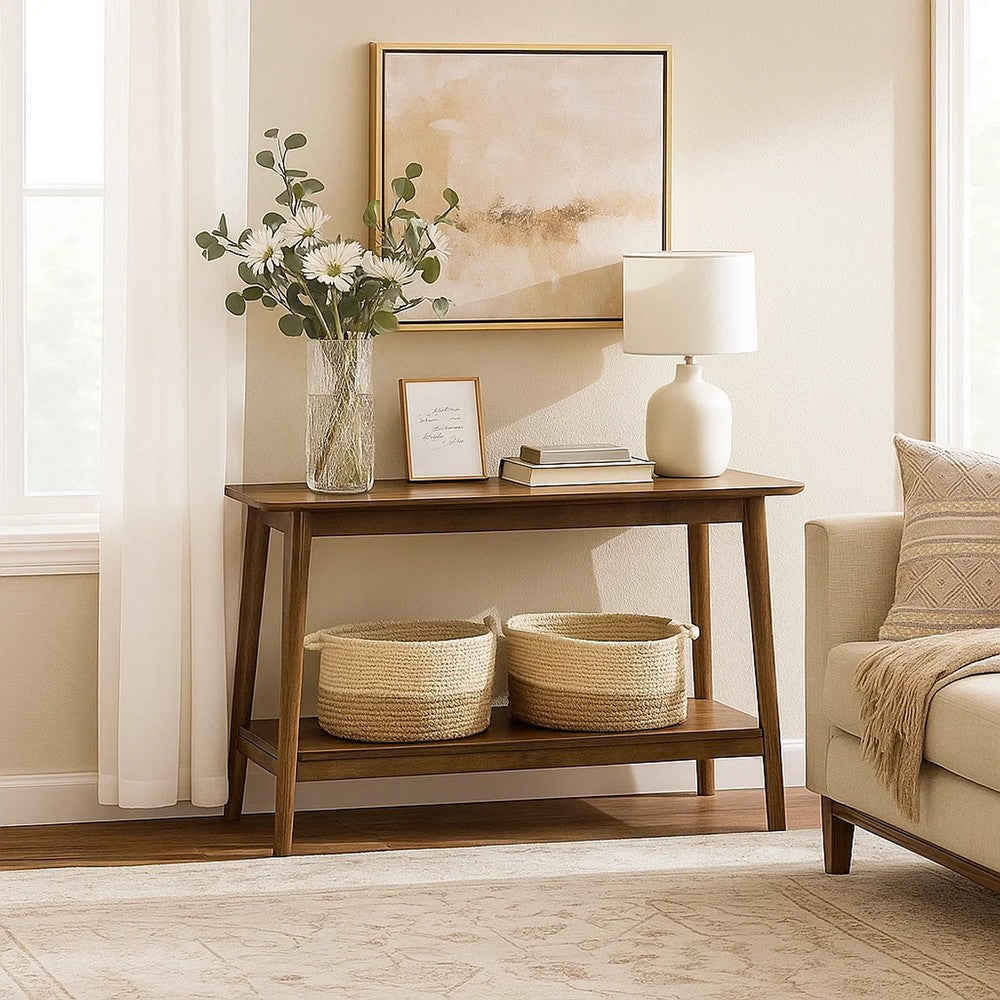 Benjara Fexy Sofa Console Table, 48 Inch Top with Lower Shelf, Walnut Brown