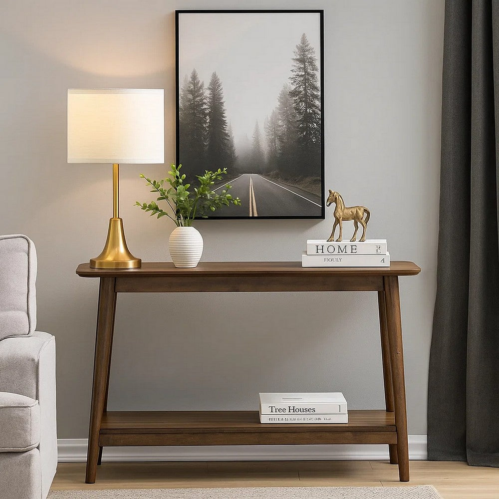 Benjara Fexy Sofa Console Table, 48 Inch Top with Lower Shelf, Walnut Brown