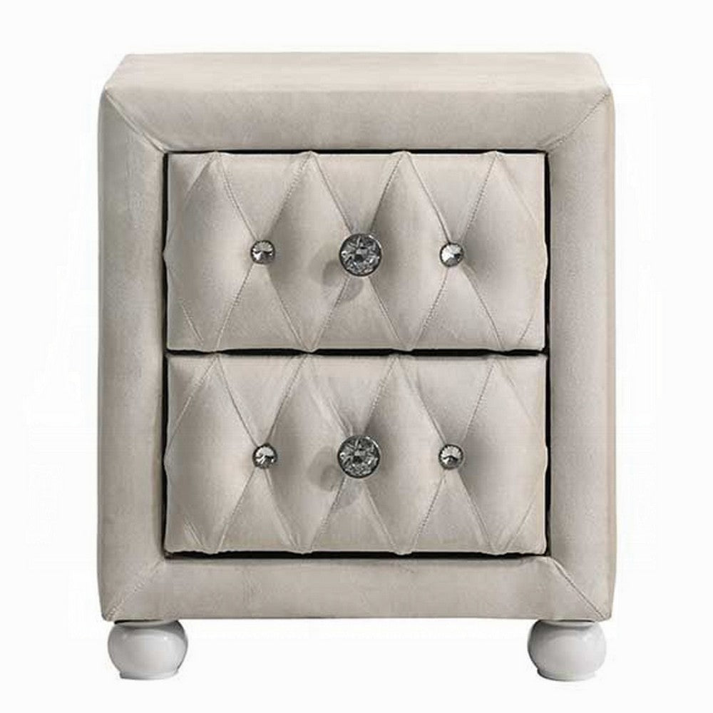 Benjara Rex Nightstand, 2 Drawers, Classic Crystal Tufted Beige Upholstery