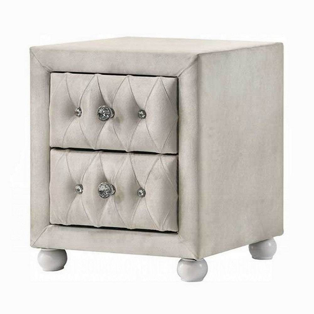 Benjara Rex Nightstand, 2 Drawers, Classic Crystal Tufted Beige Upholstery