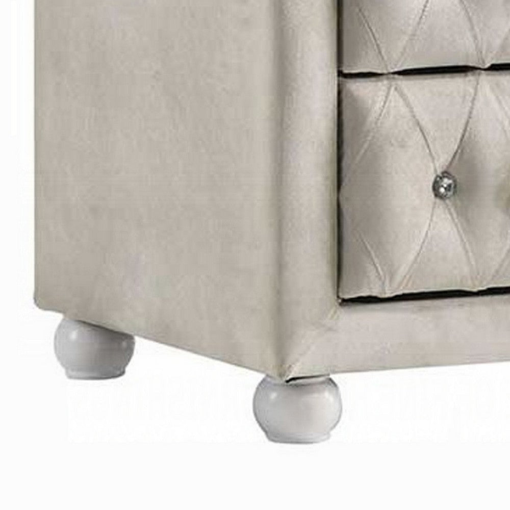 Benjara Rex Nightstand, 2 Drawers, Classic Crystal Tufted Beige Upholstery