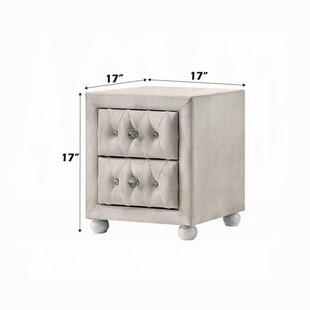 Benjara Rex Nightstand, 2 Drawers, Classic Crystal Tufted Beige Upholstery