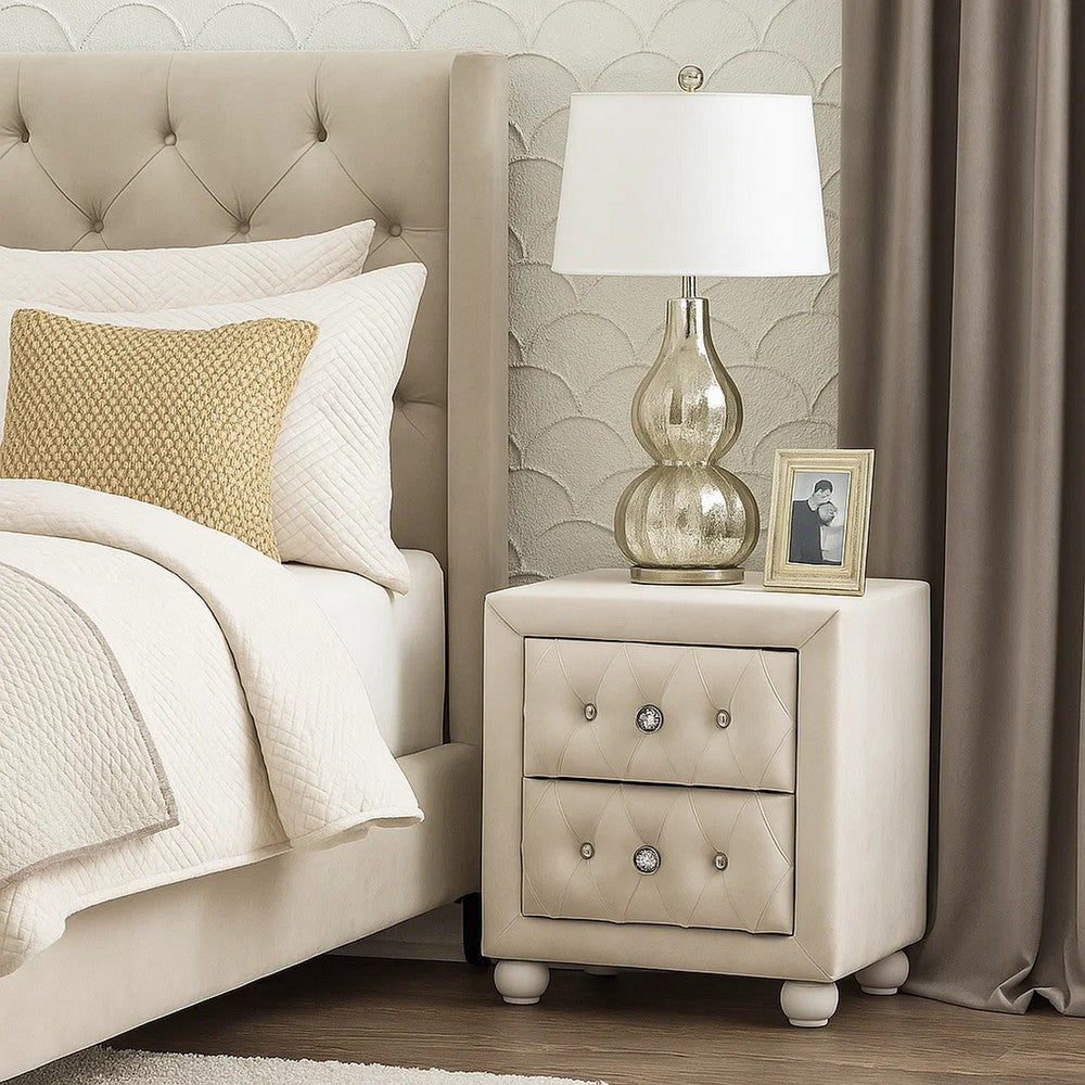 Benjara Rex Nightstand, 2 Drawers, Classic Crystal Tufted Beige Upholstery