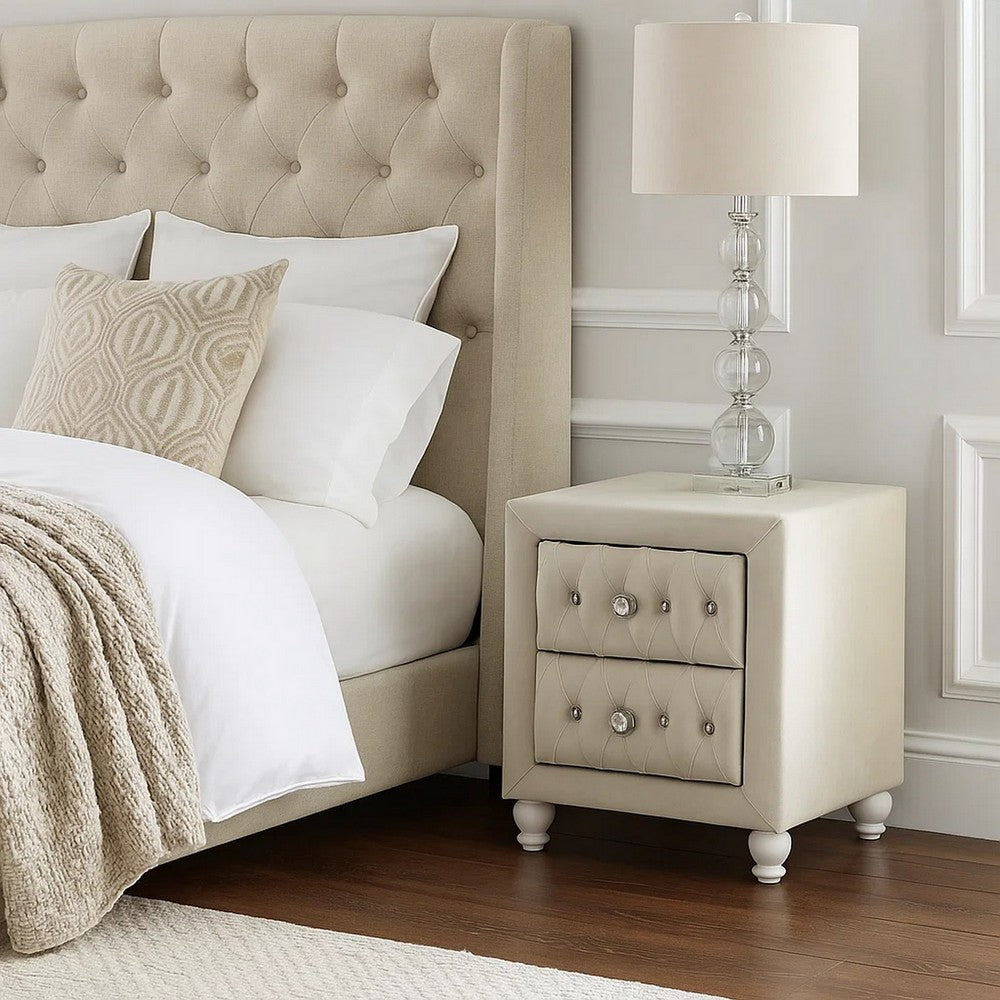 Benjara Rex Nightstand, 2 Drawers, Classic Crystal Tufted Beige Upholstery