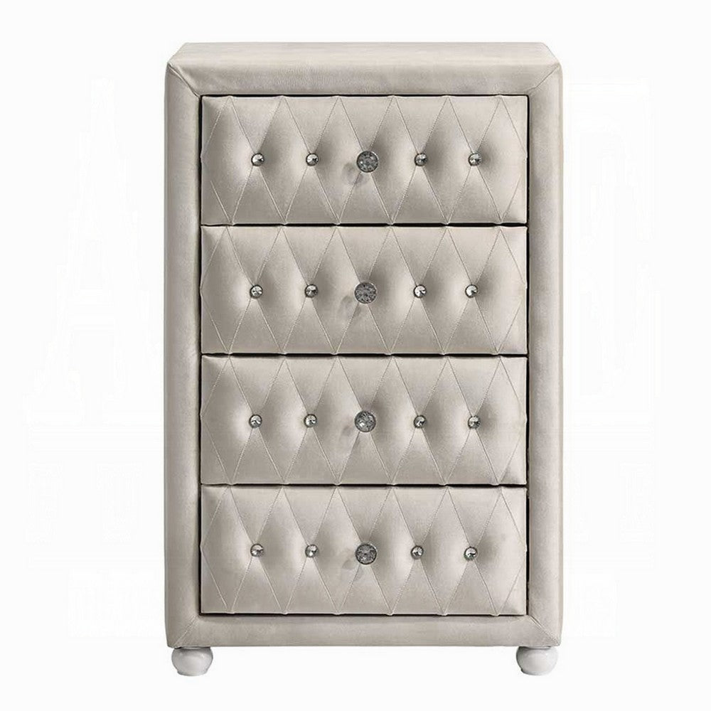Benjara Rex Tall Dresser Chest, 4 Drawers, Crystal Tufted Beige Upholstery