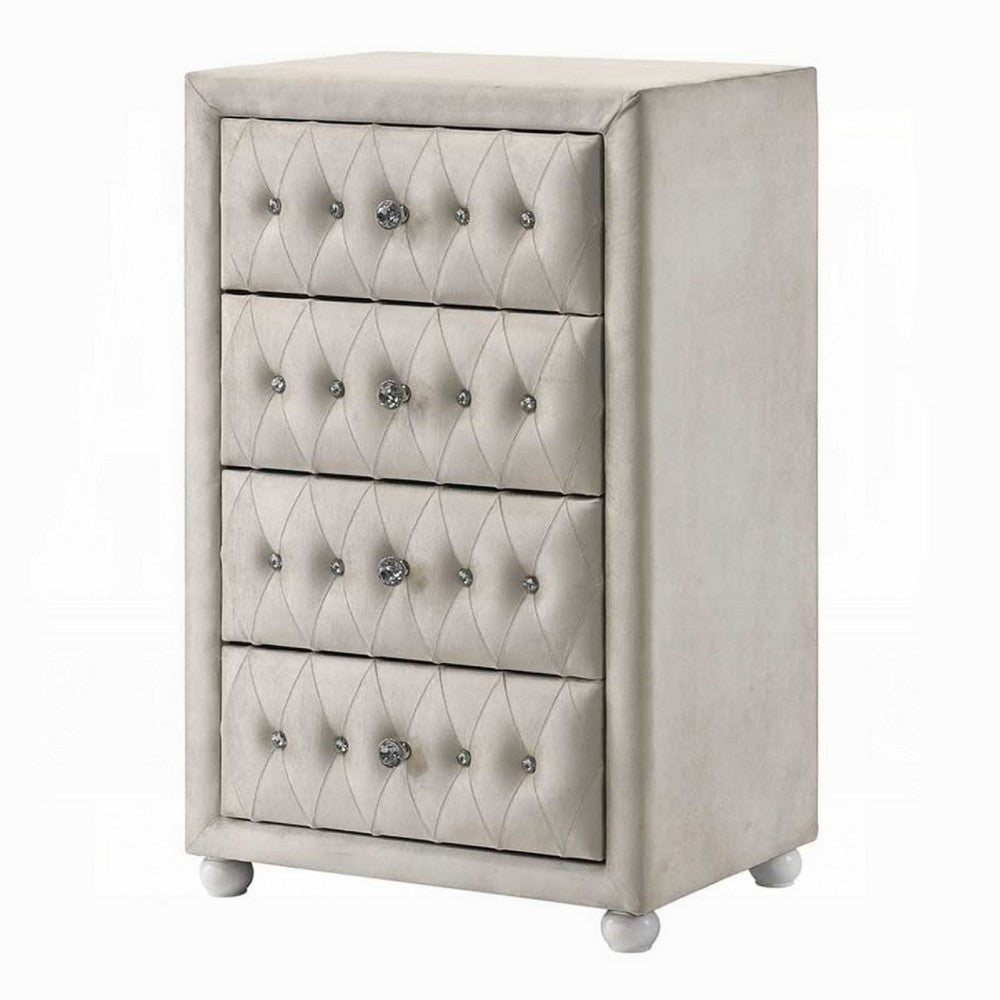 Benjara Rex Tall Dresser Chest, 4 Drawers, Crystal Tufted Beige Upholstery