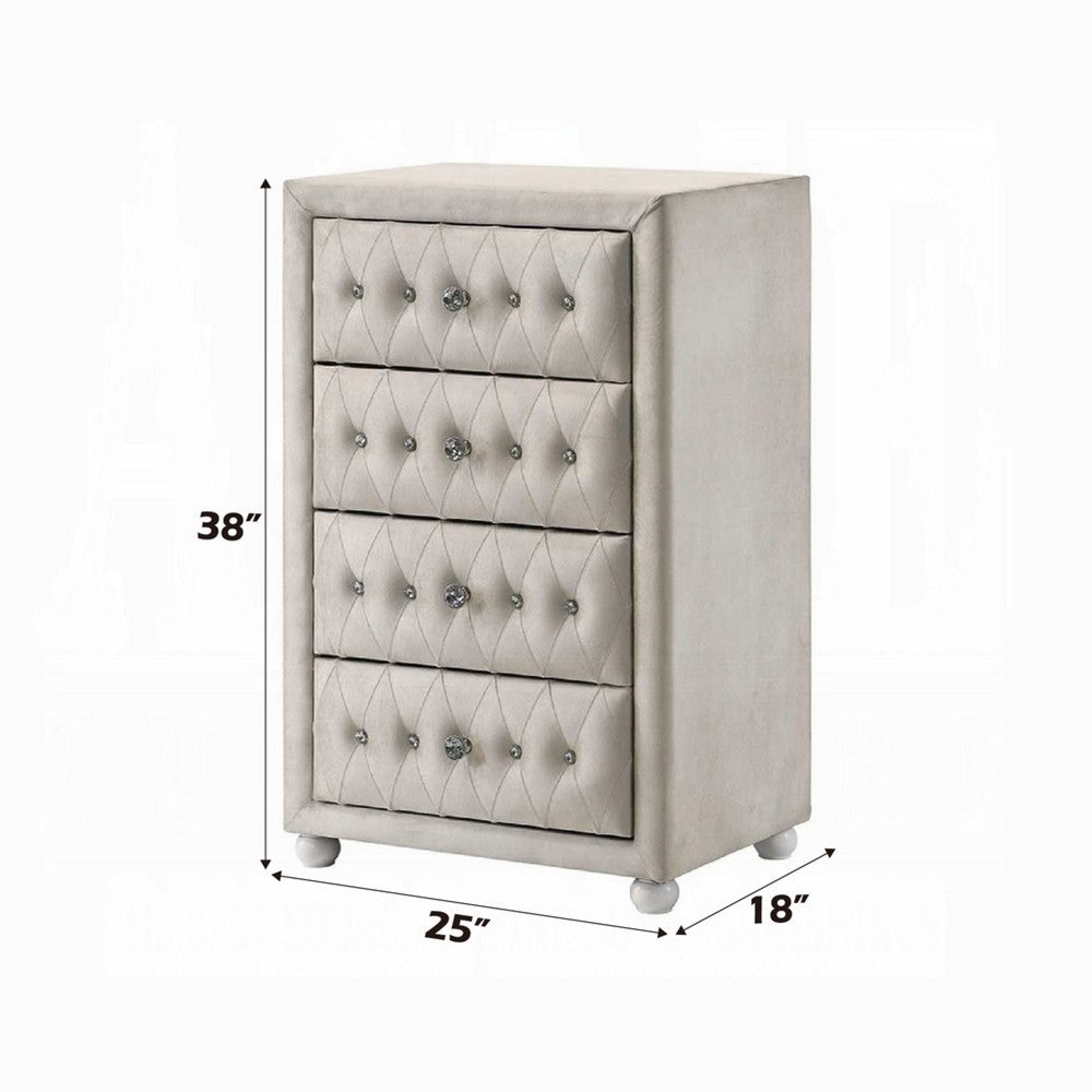 Benjara Rex Tall Dresser Chest, 4 Drawers, Crystal Tufted Beige Upholstery