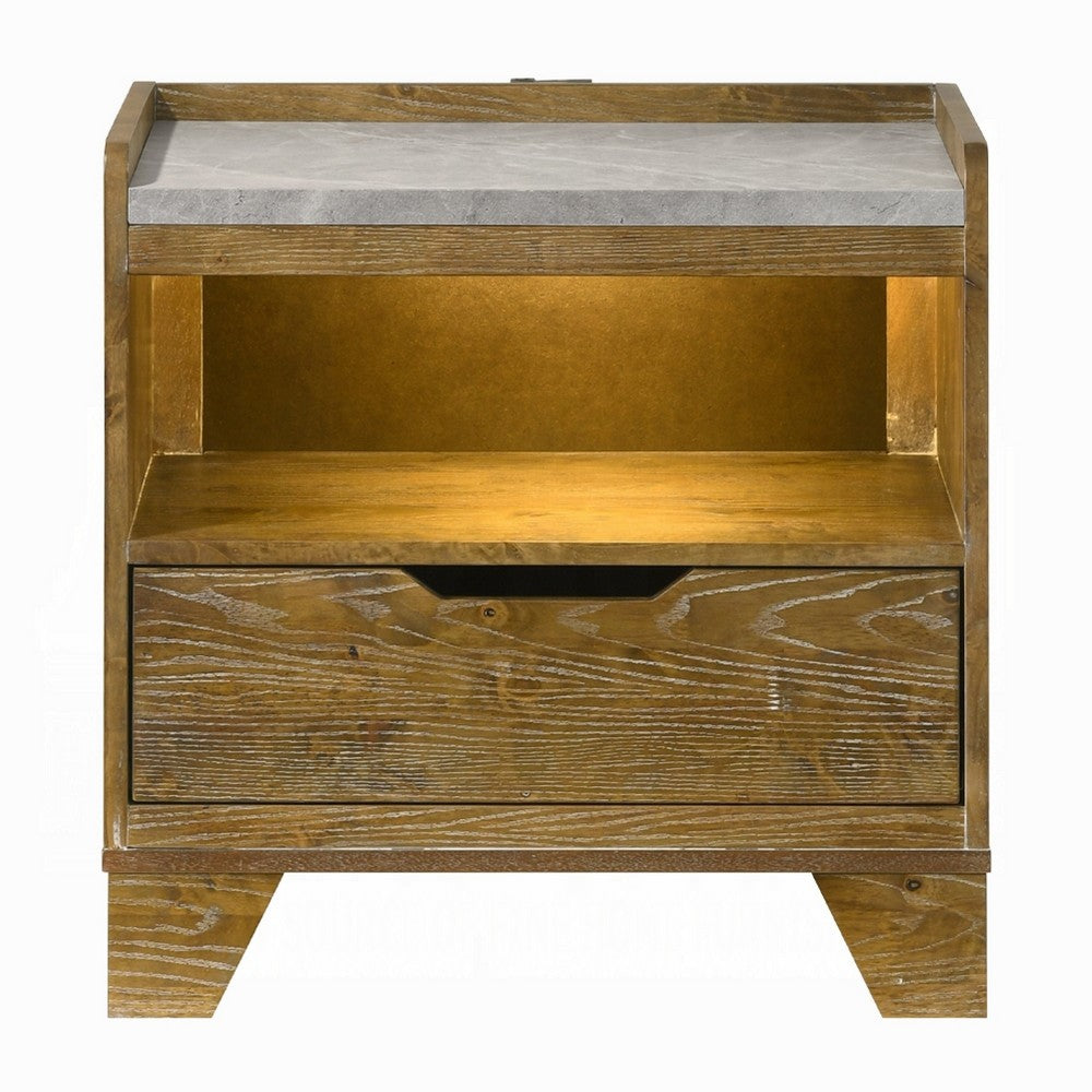 Benjara Gary Nightstand with LED, 1 Drawer And Open Cubby, Farmhouse Aspen Brown