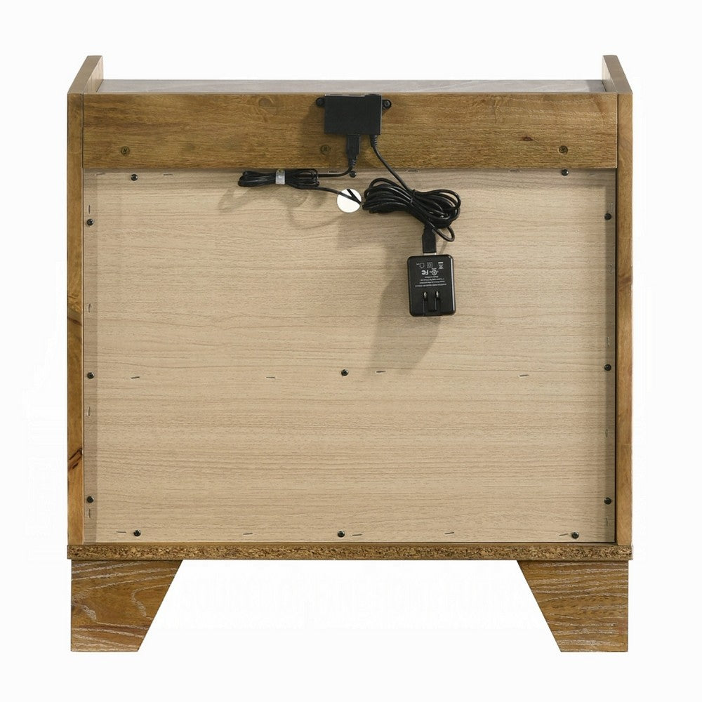 Benjara Gary Nightstand with LED, 1 Drawer And Open Cubby, Farmhouse Aspen Brown