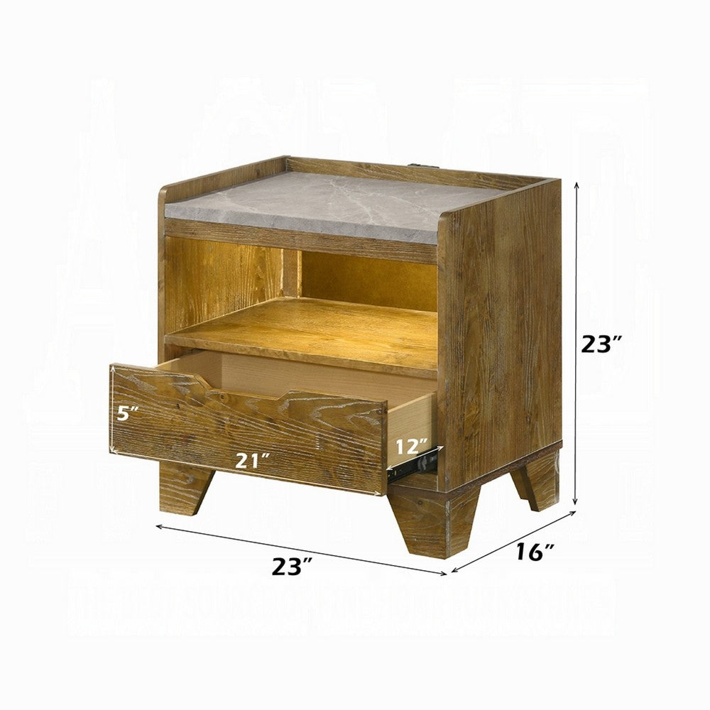 Benjara Gary Nightstand with LED, 1 Drawer And Open Cubby, Farmhouse Aspen Brown