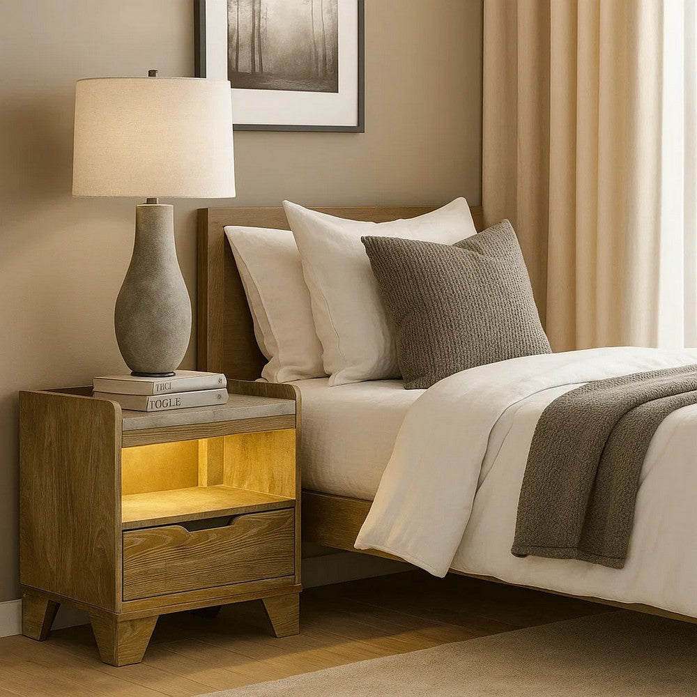 Benjara Gary Nightstand with LED, 1 Drawer And Open Cubby, Farmhouse Aspen Brown