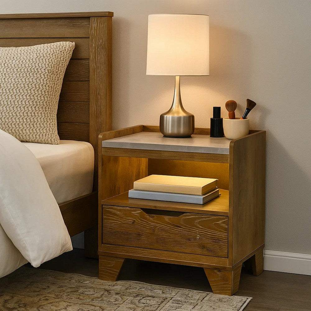 Benjara Gary Nightstand with LED, 1 Drawer And Open Cubby, Farmhouse Aspen Brown