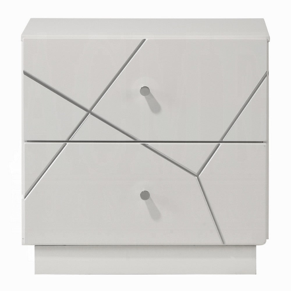 Benjara Esy Nightstand, 2 Drawers with Crystal Knobs, White Carved Pattern