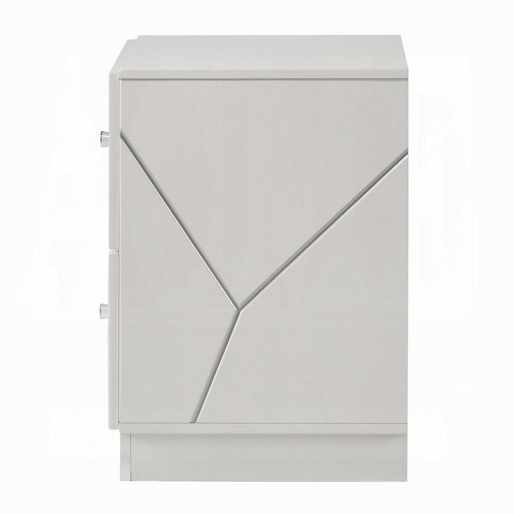 Benjara Esy Nightstand, 2 Drawers with Crystal Knobs, White Carved Pattern