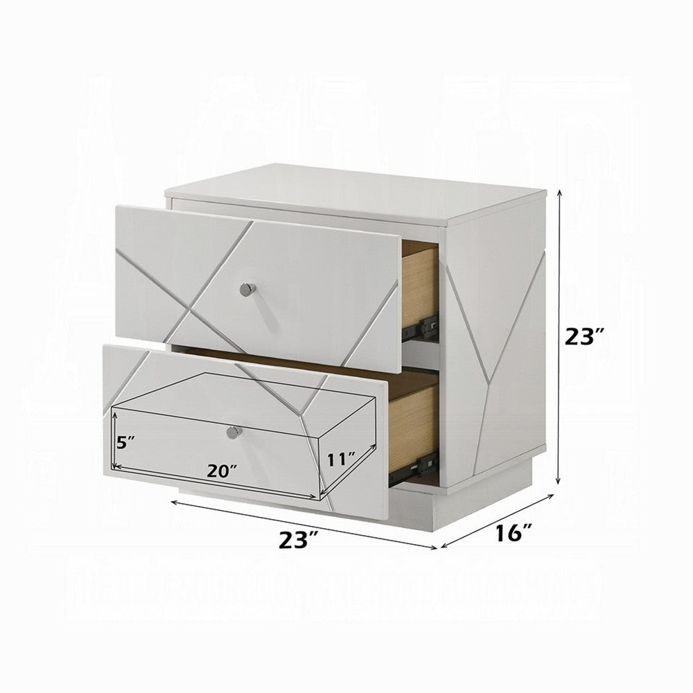 Benjara Esy Nightstand, 2 Drawers with Crystal Knobs, White Carved Pattern