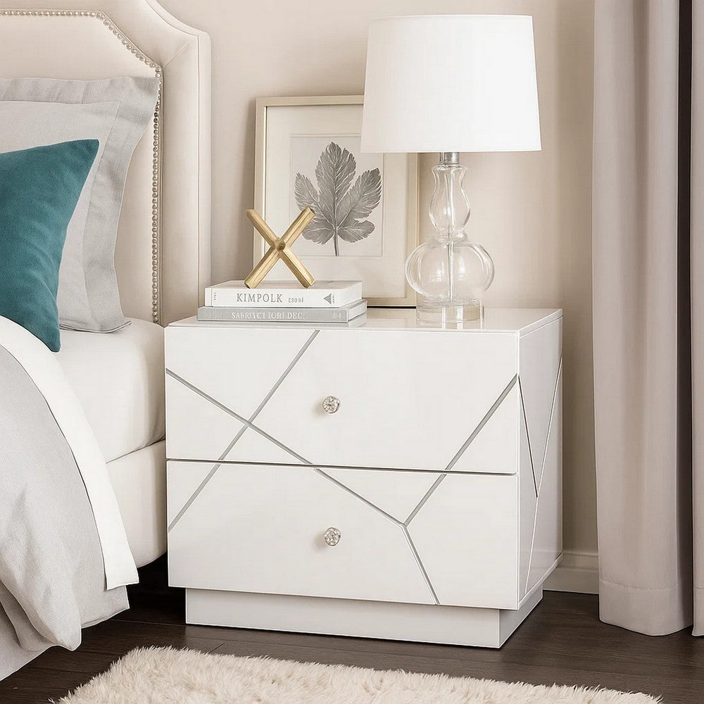 Benjara Esy Nightstand, 2 Drawers with Crystal Knobs, White Carved Pattern