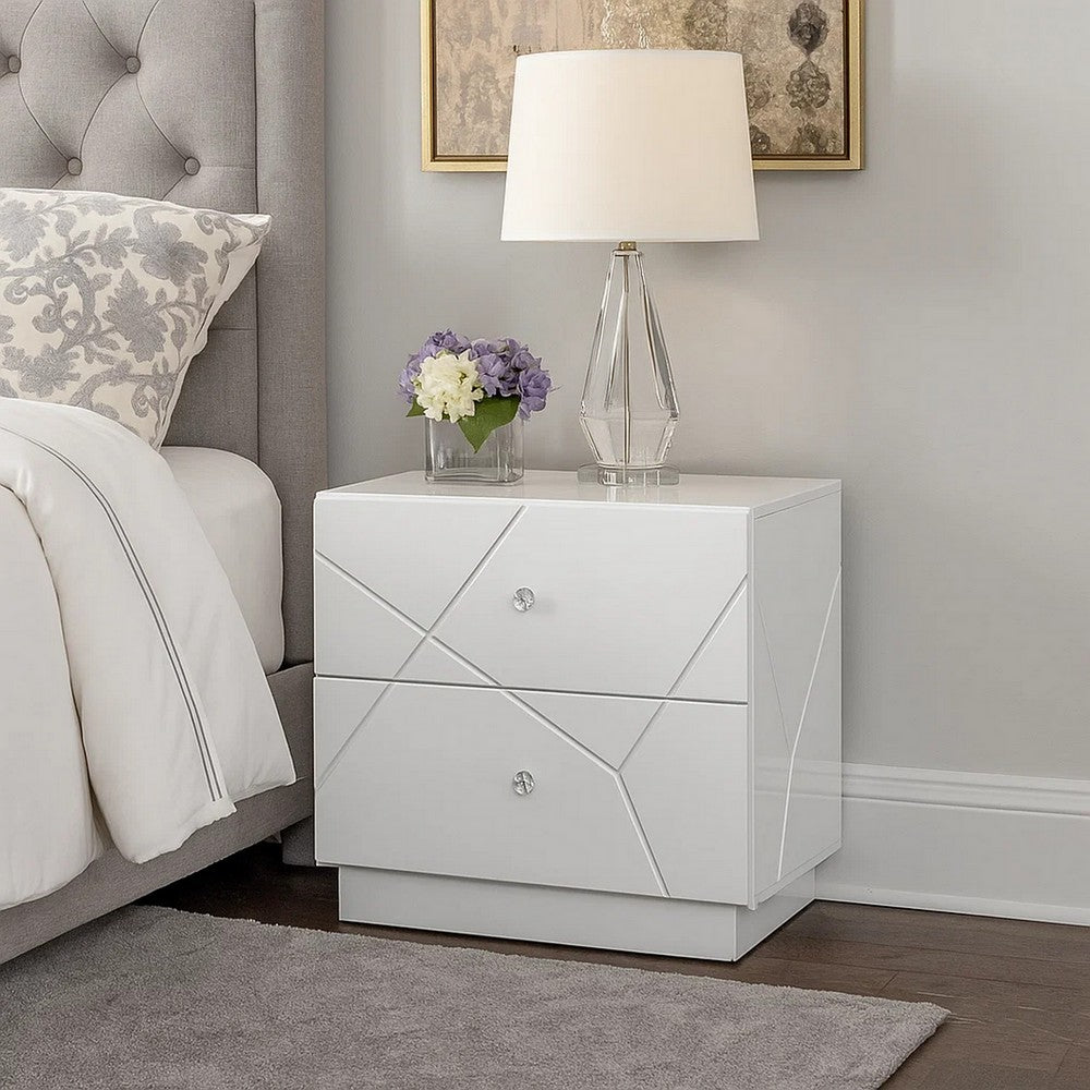 Benjara Esy Nightstand, 2 Drawers with Crystal Knobs, White Carved Pattern