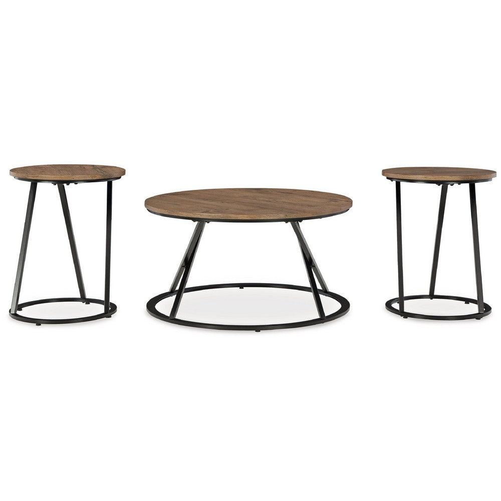 Benjara Kai 3pc Living Room Occasional Table Set, Round, Black Metal Angled Frame