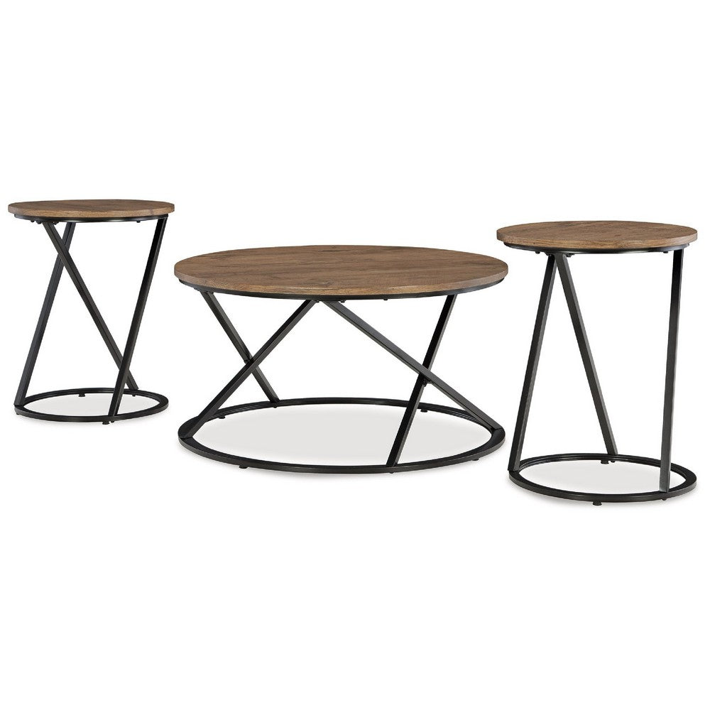 Benjara Kai 3pc Living Room Occasional Table Set, Round, Black Metal Angled Frame