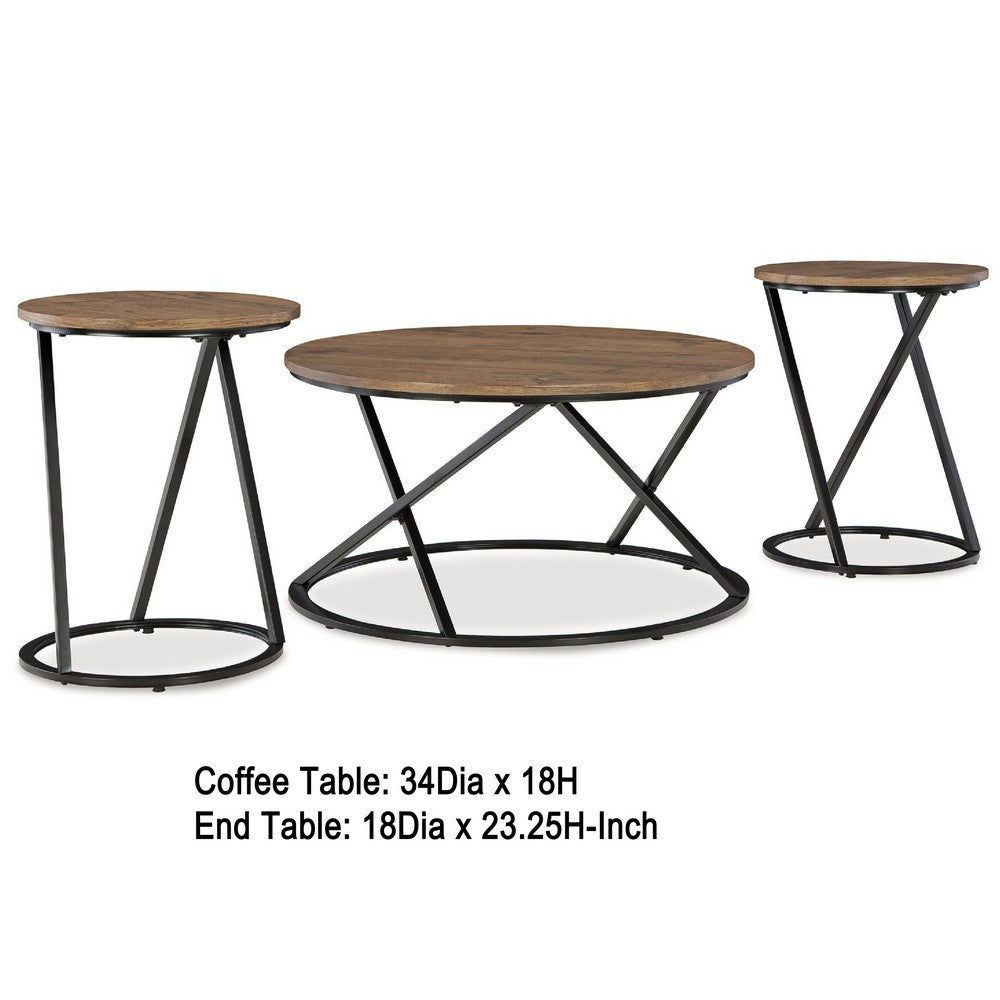 Benjara Kai 3pc Living Room Occasional Table Set, Round, Black Metal Angled Frame