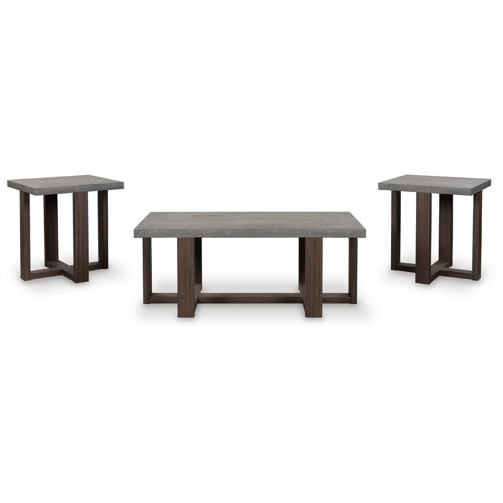Benjara Eaim 3pc Occasional Table Set, Gray Faux Stone Pattern Top, Brown Frame