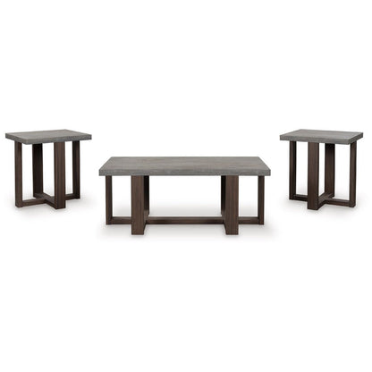 Benjara Eaim 3pc Occasional Table Set, Gray Faux Stone Pattern Top, Brown Frame