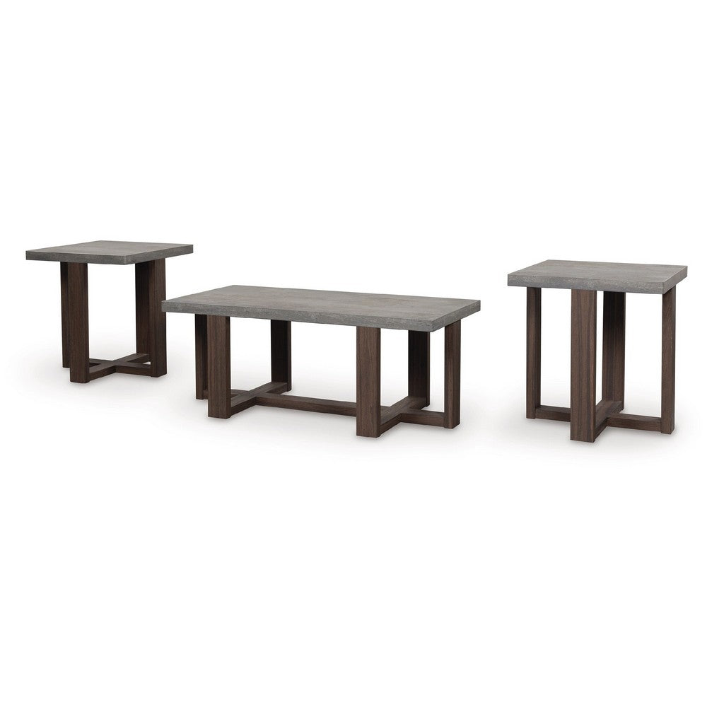 Benjara Eaim 3pc Occasional Table Set, Gray Faux Stone Pattern Top, Brown Frame