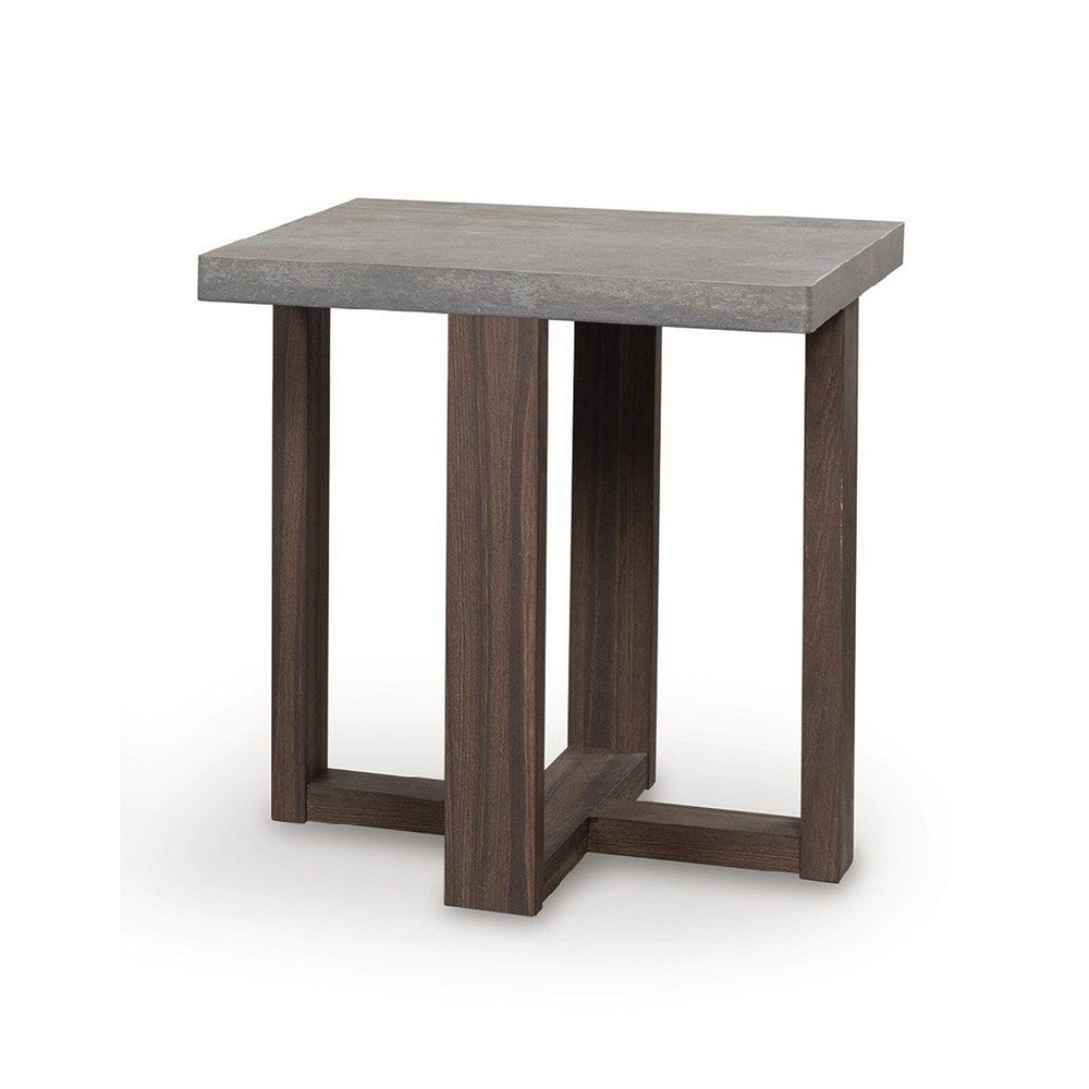 Benjara Eaim 3pc Occasional Table Set, Gray Faux Stone Pattern Top, Brown Frame
