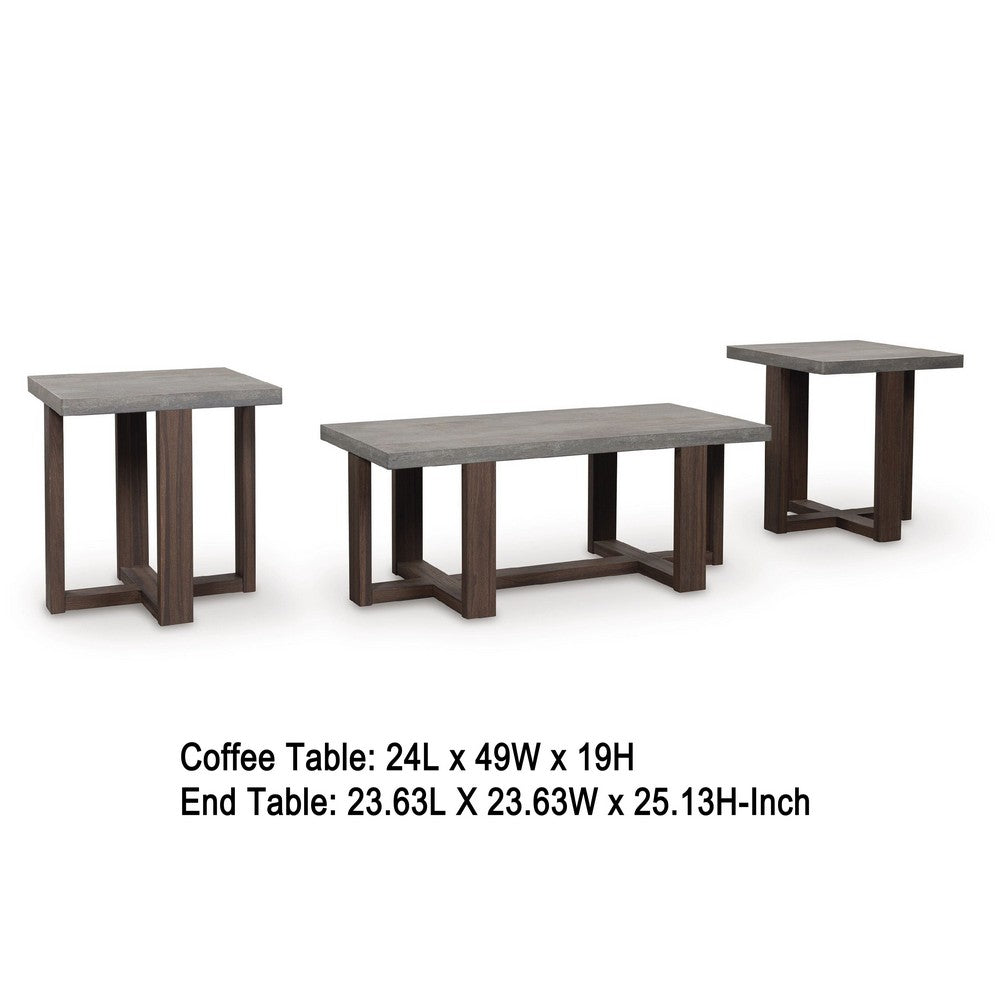 Benjara Eaim 3pc Occasional Table Set, Gray Faux Stone Pattern Top, Brown Frame