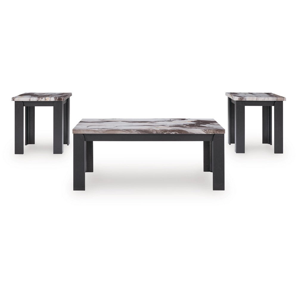 Benjara Poim 3pc Occasional Coffee And End Table Set, White Brown Faux Marble Top