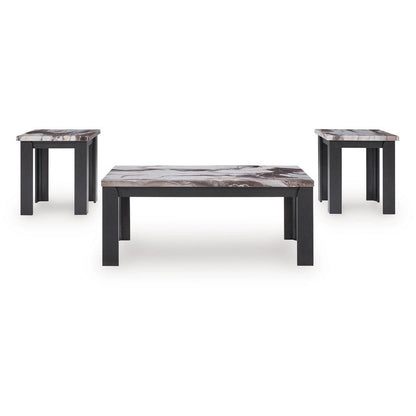 Benjara Poim 3pc Occasional Coffee And End Table Set, White Brown Faux Marble Top