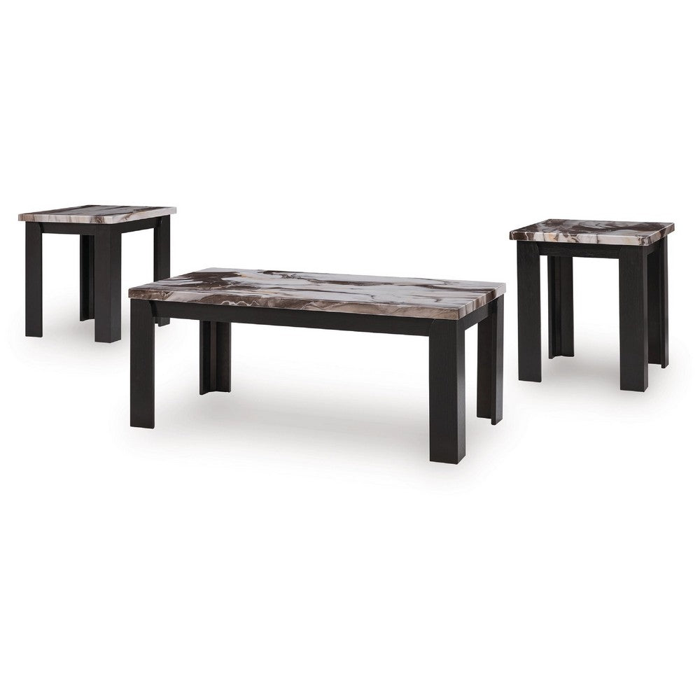 Benjara Poim 3pc Occasional Coffee And End Table Set, White Brown Faux Marble Top