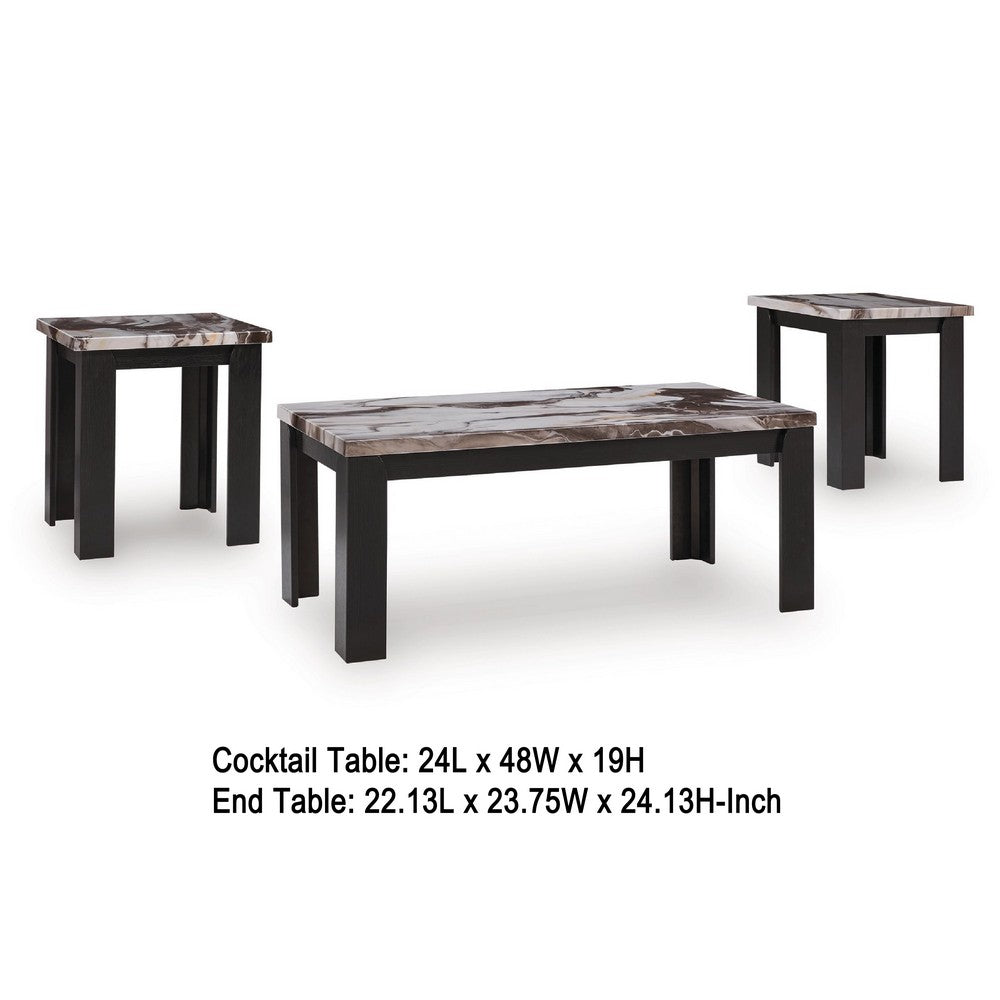 Benjara Poim 3pc Occasional Coffee And End Table Set, White Brown Faux Marble Top