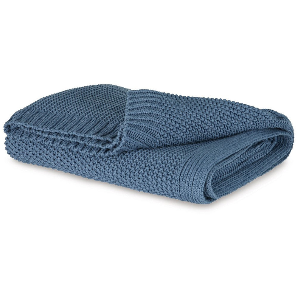 Benjara 70 x 54 Leri Throw Blanket, Set of 3, Machine Knitted Blue Cotton
